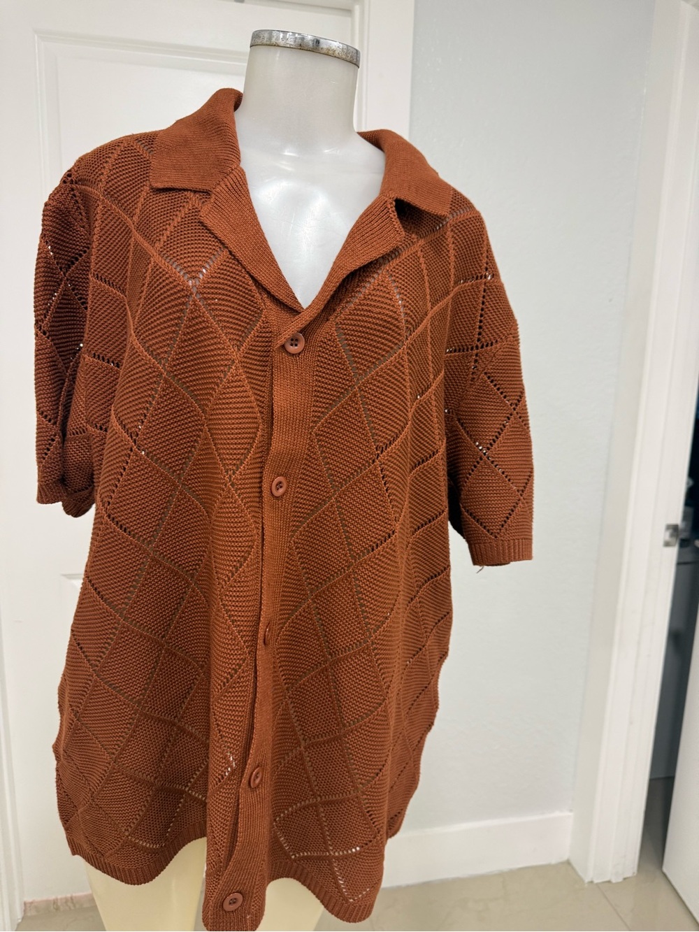 Rust Brown Knit Short-Sleeve Button-Down Shirt
